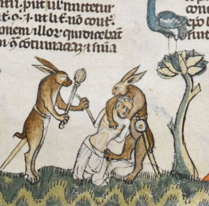 Medieval illumination of two rabbits mugging a man